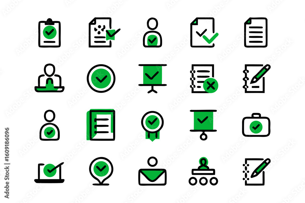 Poster a collection of simple line art symbols representing affirmative responses and task completion prese