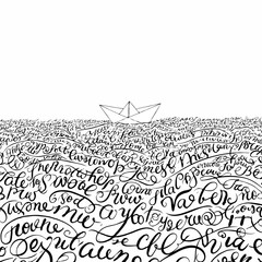 A paper boat sailing on an ocean of giant, handwritten cursive letters
