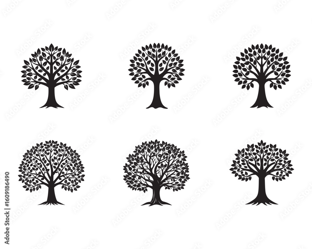 Poster collection of elegant tree illustrations in black and white vector format for design and creative pr