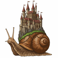 A snail carrying a detailed, medieval castle on its shell