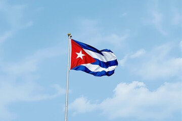 Cuban flag waving against a bright blue sky