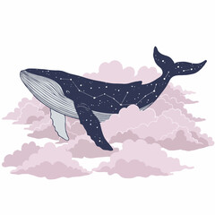 A whale swimming through a sea of fluffy clouds, its body patterned like a star map