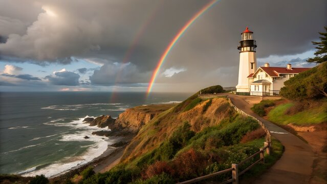A lighthouse on a cliff with a rainbow over the ocean under a cloudy sky at dusk