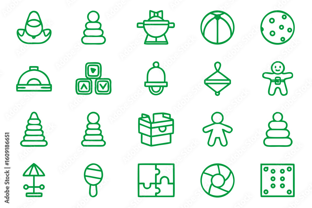 Poster collection of childrens playthings outline graphics featuring distinctive attributes and customizabl