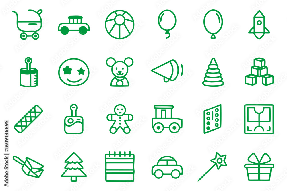 Poster collection of outline icons depicting various children s playthings and associated features presente