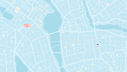 Car navigation map. Route planning with destination marker and ETA. GPS tracking system to navigate around the city. City map with car icon on planned route Vector illustration