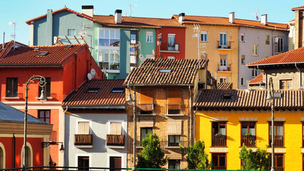 colorful houses of pamplona at the end of the third stage of the Camino de Santiago from Zubiri to Pamplona