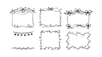 Collection of hand drawn decorative frames and borders with ribbons and garlands in black and white style