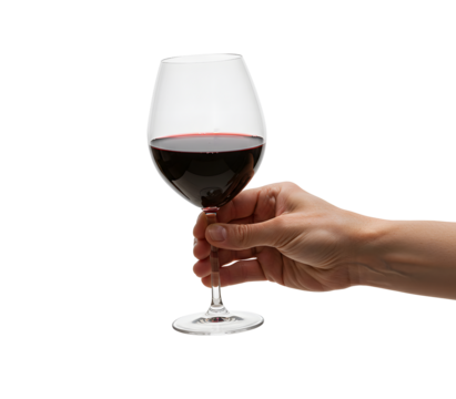 A stylish woman's hand with red nails elegantly holding a wine glass, paired with two clinking wine glasses filled with red and white wine on a white background, symbolizing celebration.


