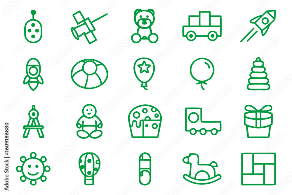 Poster collection of outline graphics representing various children s playthings and associated activities 