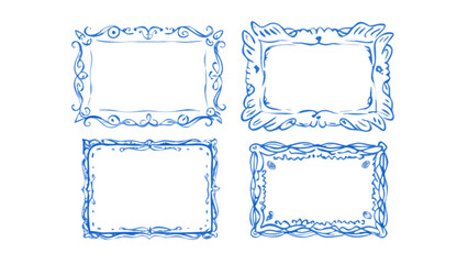 Illustration of four blue decorative frames with unique designs and empty centers on a white background
