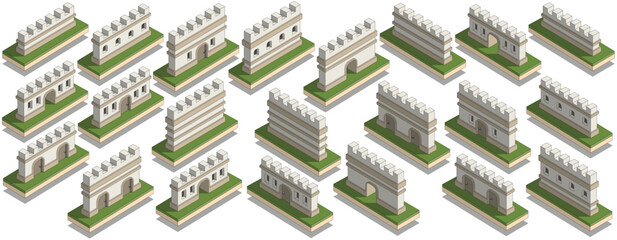 A set of long castle walls. Isometric. Isolated on white background. Vector illustration.