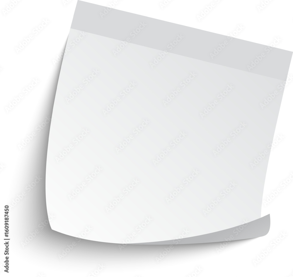 Poster blank white sticky note with a gray adhesive strip at the top and a curled corner is casting a shado