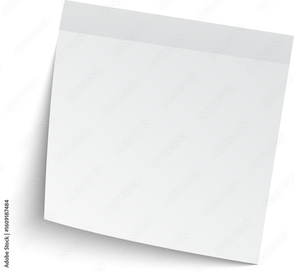 Poster blank white sticky note casting a soft shadow on a pristine white background, creating ample copy sp