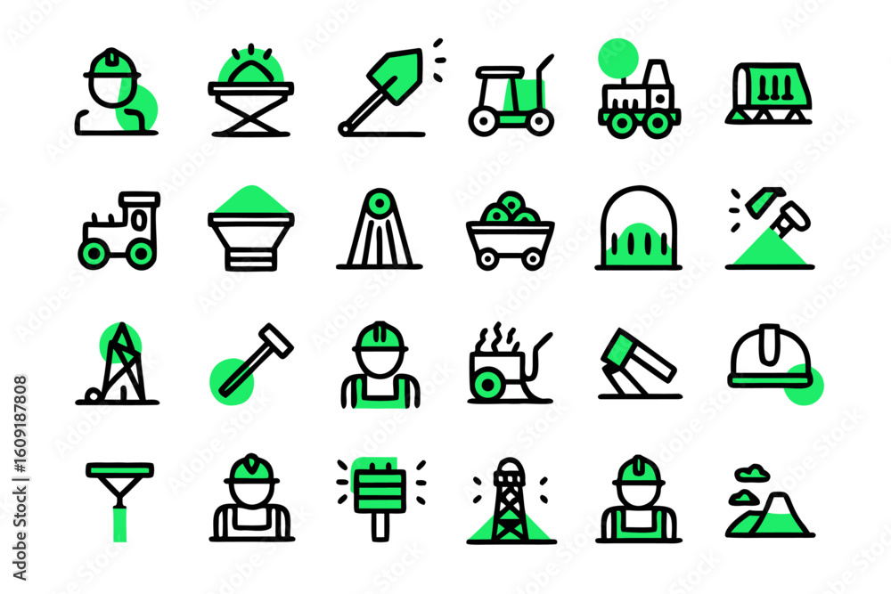 Poster editable line art icon set showcasing the coal mining industry with essential tools and resources fo