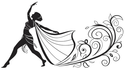 Silhouette of a woman dancing with a flowing garment and floral design element in black and white