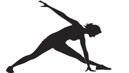 Silhouette of a woman in a triangle yoga pose with arms extended on a white background in a studio