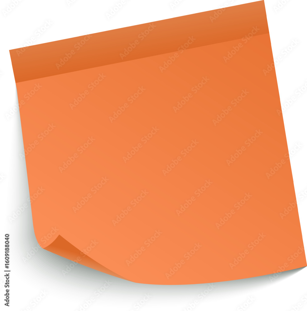 Poster orange sticky note paper with curled corner casting shadow on white background, creating a simple ye