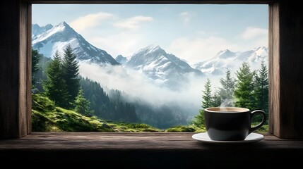 Steaming coffee cup on a wooden window sill overlooking a scenic mountain range with snow capped peaks and pine trees