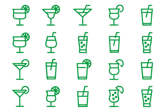 Clean and modern editable line art icon set featuring various refreshing cocktail drinks for beverage and hospitality graphics