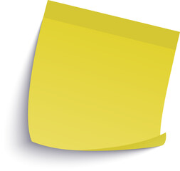 Yellow sticky note with a curled corner, casting a soft shadow on a clean white background, offering ample copy space for reminders, messages, or creative ideas