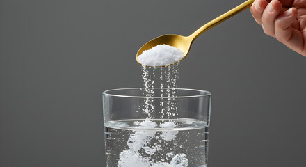 Golden Spoon Pouring Crystal Substance into Water Glass Creating Blurred Motion Effect on Gray Background