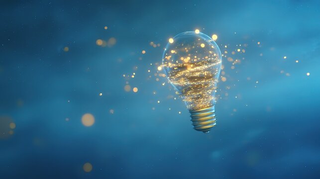 Abstract Bulb Creativity Visualization, Dynamic Particle Flow on Blue-Gold Gradient