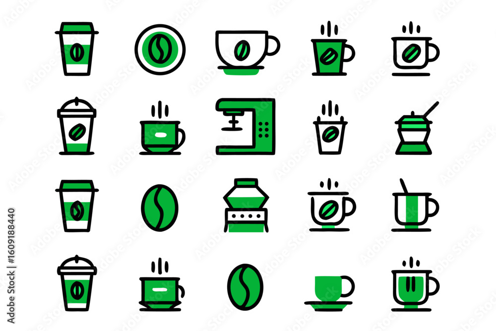 Poster a collection of clean and modern coffee themed line art icons for various design projects and applic
