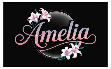 Pink white lilies floral script name amelia