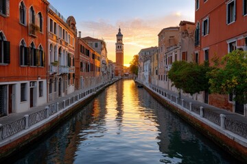Naklejka premium Venice canal view buildings line sides reflected bell tower serene water sunset sky