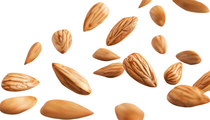 Obraz premium Realistic Floating Almonds Isolated on transparent Background – 3D Render for Healthy Food Packaging and Advertising