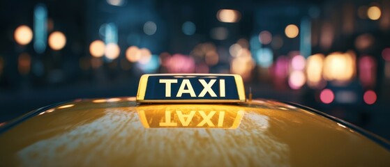 The iconic yellow taxi glows brightly in the bustling city nightlife.