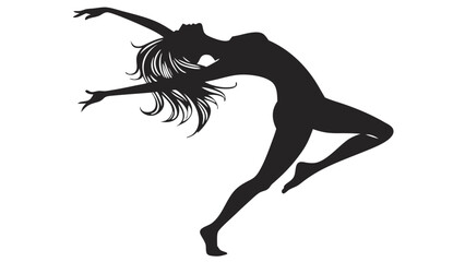 Silhouette of a woman in a dynamic dance pose with flowing hair and outstretched arms on a white background