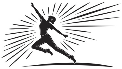 Silhouette of a woman leaping forward with arms raised amidst radiating lines on a white background