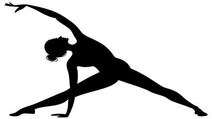 Silhouette of a woman performing a yoga pose with one arm raised and legs spread wide for balance