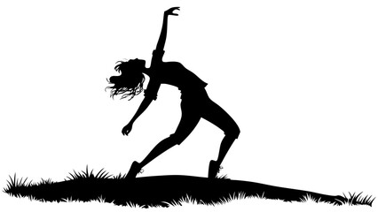 Silhouette of a woman in a dynamic dance pose with flowing hair on a grassy ground in black and white