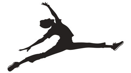 Silhouette of a person in a dynamic split jump pose with arms extended against a white background