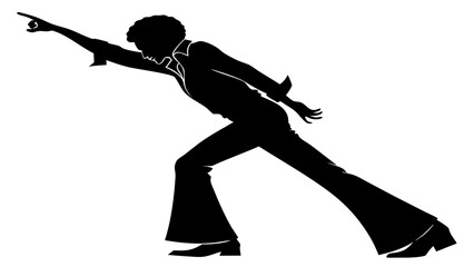 Silhouette of a man with afro and flared pants dancing with arm extended in a disco style pose on white