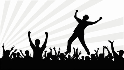 Silhouette of a crowd cheering with one person jumping against a radiant background with raised arms