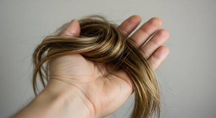 Hand Holding Golden Hair Strands with Glittering Gold Flakes on Neutral Gray Backdrop for Luxury and Elegance Aesthetic