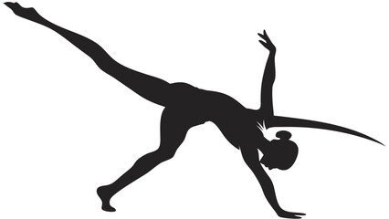 Silhouette of a woman in a yoga pose with one leg extended and arms reaching out for balance and grace