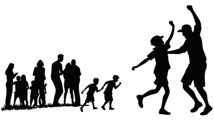 Silhouette illustration of a group of people with children running and celebrating in a field outdoors