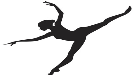 Silhouette of a female dancer in a dynamic pose with arms extended and leg raised high in the air