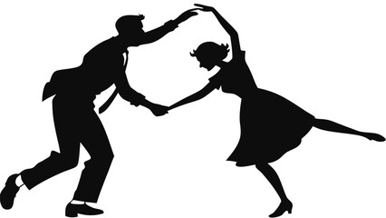 Silhouette of couple dancing with man in suit and woman in dress holding hands and moving in unison