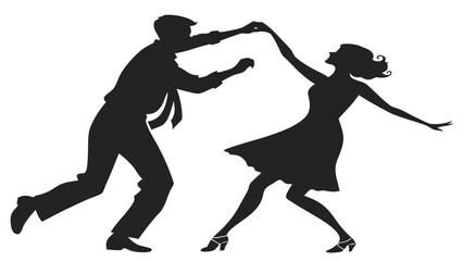Silhouette of a man in a suit and a woman in a dress dancing together in a dynamic pose on a white background