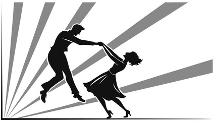 Silhouette of a couple dancing with a dynamic pose against a backdrop of radiating gray lines design