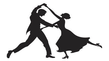 Silhouette of a man and woman dancing in a dynamic pose with the woman in a flowing dress and heels