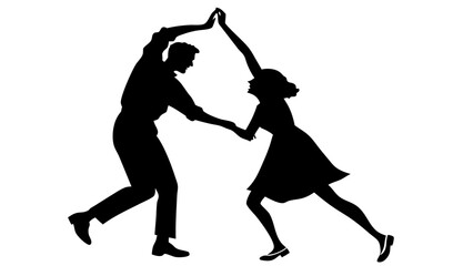 Silhouette of a man and woman dancing with arms raised in a dynamic pose on a white background art