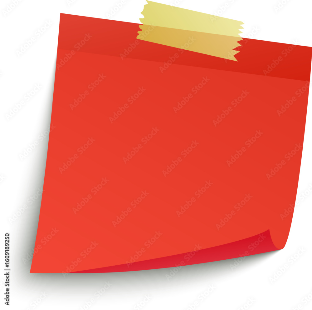 Poster red sticky note attached with masking tape on a clean white background, providing a simple and effec