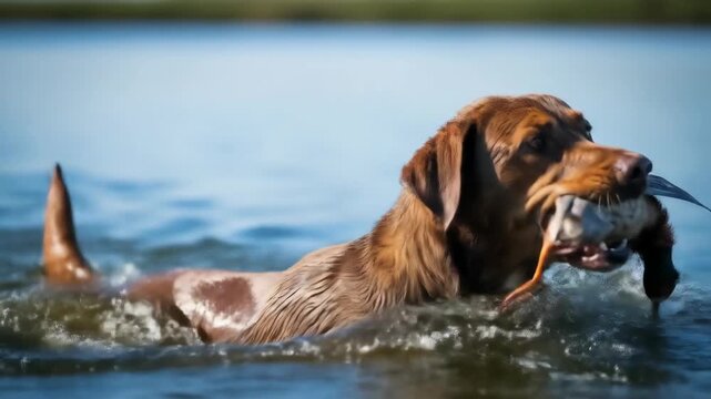 Brown hunting dog retrieving a pheasant from blue lake water creating water splashes